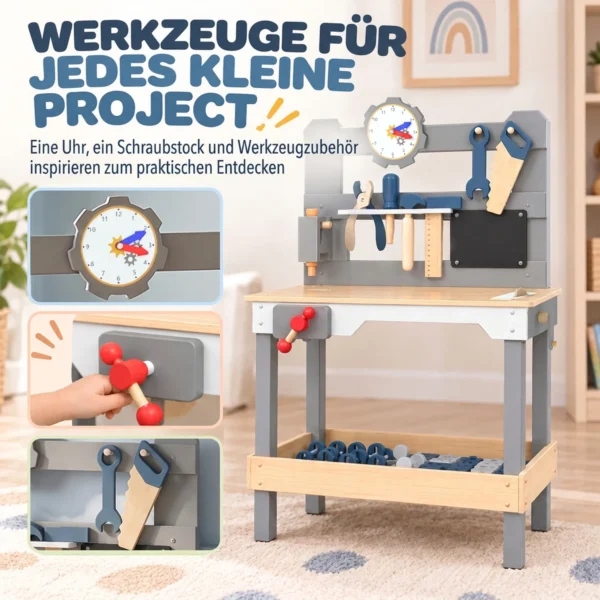 Werkbank Für Kinder 15 teilig Holz Werkzeugbank Mit Zubehör Uhr Werkzeugset Arbeitsplatte Schraubstock Kappsäge 3–6