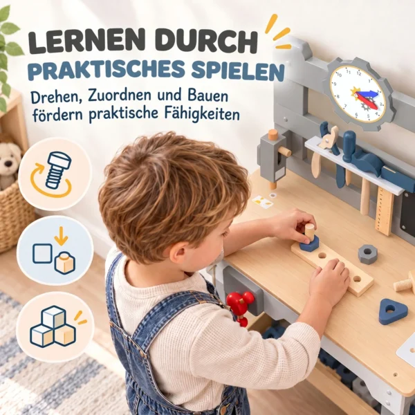Werkbank Für Kinder 15 teilig Holz Werkzeugbank Mit Zubehör Uhr Werkzeugset Arbeitsplatte Schraubstock Kappsäge 3–6