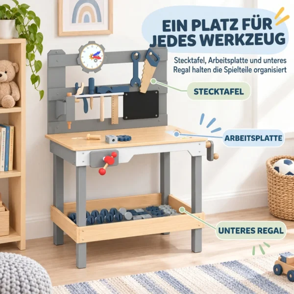 Werkbank Für Kinder 15 teilig Holz Werkzeugbank Mit Zubehör Uhr Werkzeugset Arbeitsplatte Schraubstock Kappsäge 3–6