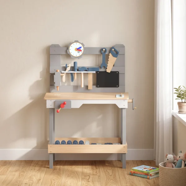 Werkbank Für Kinder 15 teilig Holz Werkzeugbank Mit Zubehör Uhr Werkzeugset Arbeitsplatte Schraubstock Kappsäge 3–6