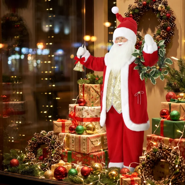 Zingende Kerstman, 150 Cm, Staande Geanimeerde Kerstfiguur Met Bel En Krans, Geactiveerd Door Geluid/aanraking
