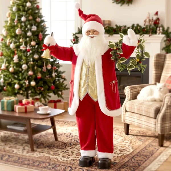 Zingende Kerstman, 150 Cm, Staande Geanimeerde Kerstfiguur Met Bel En Krans, Geactiveerd Door Geluid/aanraking