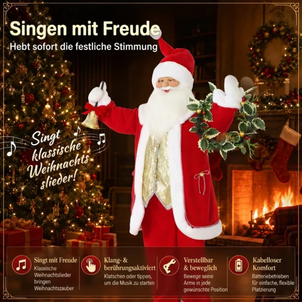 Zingende Kerstman, 150 Cm, Staande Geanimeerde Kerstfiguur Met Bel En Krans, Geactiveerd Door Geluid/aanraking