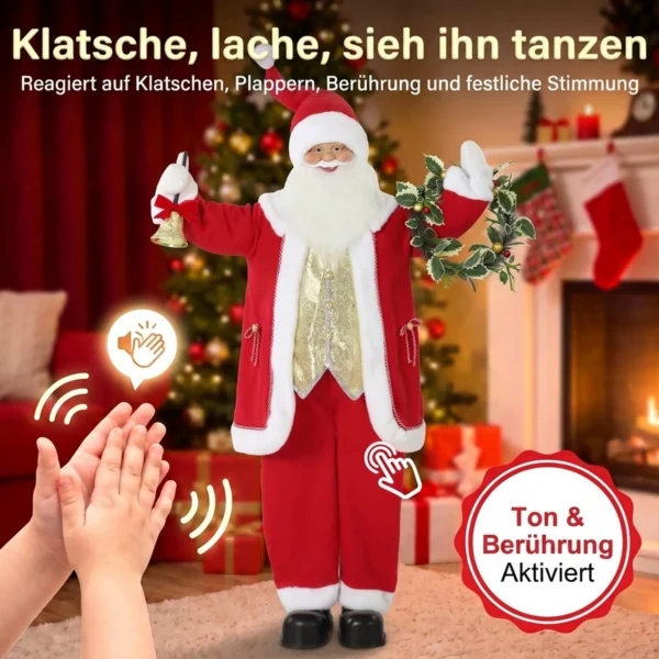 Zingende Kerstman, 150 Cm, Staande Geanimeerde Kerstfiguur Met Bel En Krans, Geactiveerd Door Geluid/aanraking
