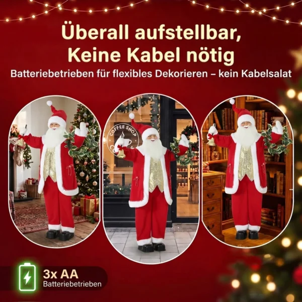 Zingende Kerstman, 150 Cm, Staande Geanimeerde Kerstfiguur Met Bel En Krans, Geactiveerd Door Geluid/aanraking