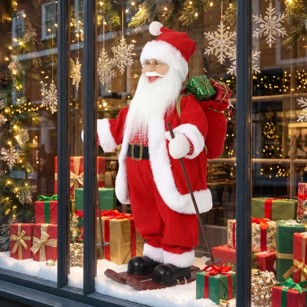 Zingende Ski Kerstman, 66 Cm, Geanimeerde Staande Kerstfiguur Met Ski's, Geschenkzak En Geluids /aanraakactivering
