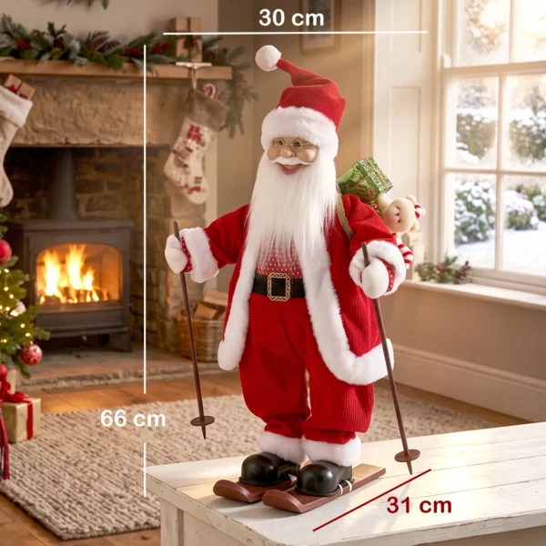 Zingende Ski Kerstman, 66 Cm, Geanimeerde Staande Kerstfiguur Met Ski's, Geschenkzak En Geluids /aanraakactivering