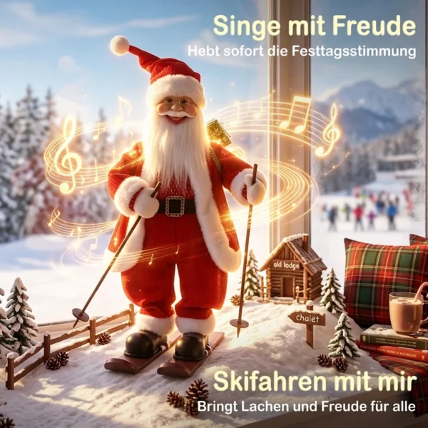 Zingende Ski Kerstman, 66 Cm, Geanimeerde Staande Kerstfiguur Met Ski's, Geschenkzak En Geluids /aanraakactivering