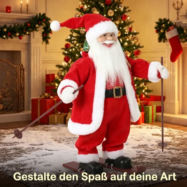 Zingende Ski Kerstman, 66 Cm, Geanimeerde Staande Kerstfiguur Met Ski's, Geschenkzak En Geluids /aanraakactivering