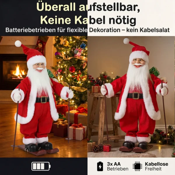 Zingende Ski Kerstman, 66 Cm, Geanimeerde Staande Kerstfiguur Met Ski's, Geschenkzak En Geluids /aanraakactivering