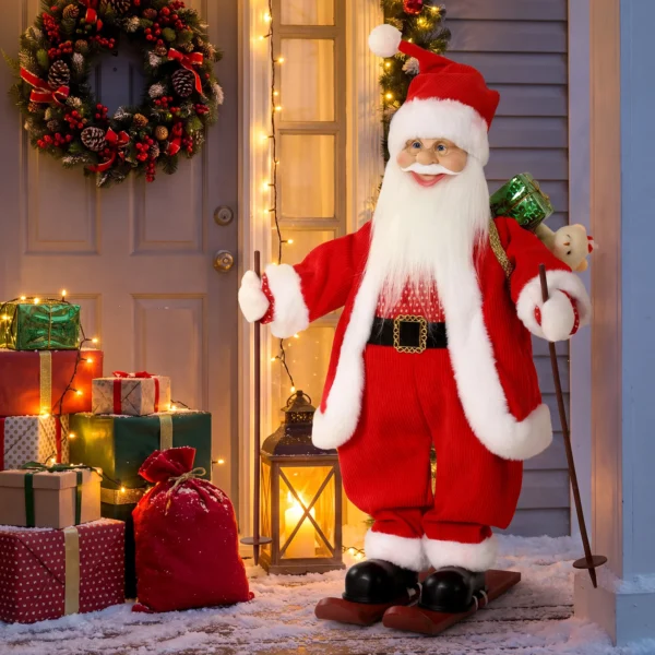 Zingende Ski Kerstman, 66 Cm, Geanimeerde Staande Kerstfiguur Met Ski's, Geschenkzak En Geluids /aanraakactivering