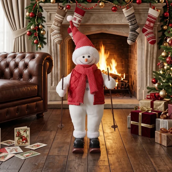 Zingende Skiënde Kerstman, 65 Cm, Geanimeerde Kerstfiguur Met Ski's, Stokken En Geluids /aanraakactivering