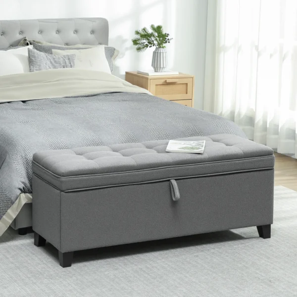 Zitbank Met Opbergruimte, Gestoffeerde Bank 120x40x48 Cm Met Veiligheidsscharnieren, Linnenlook, Donkergrijs